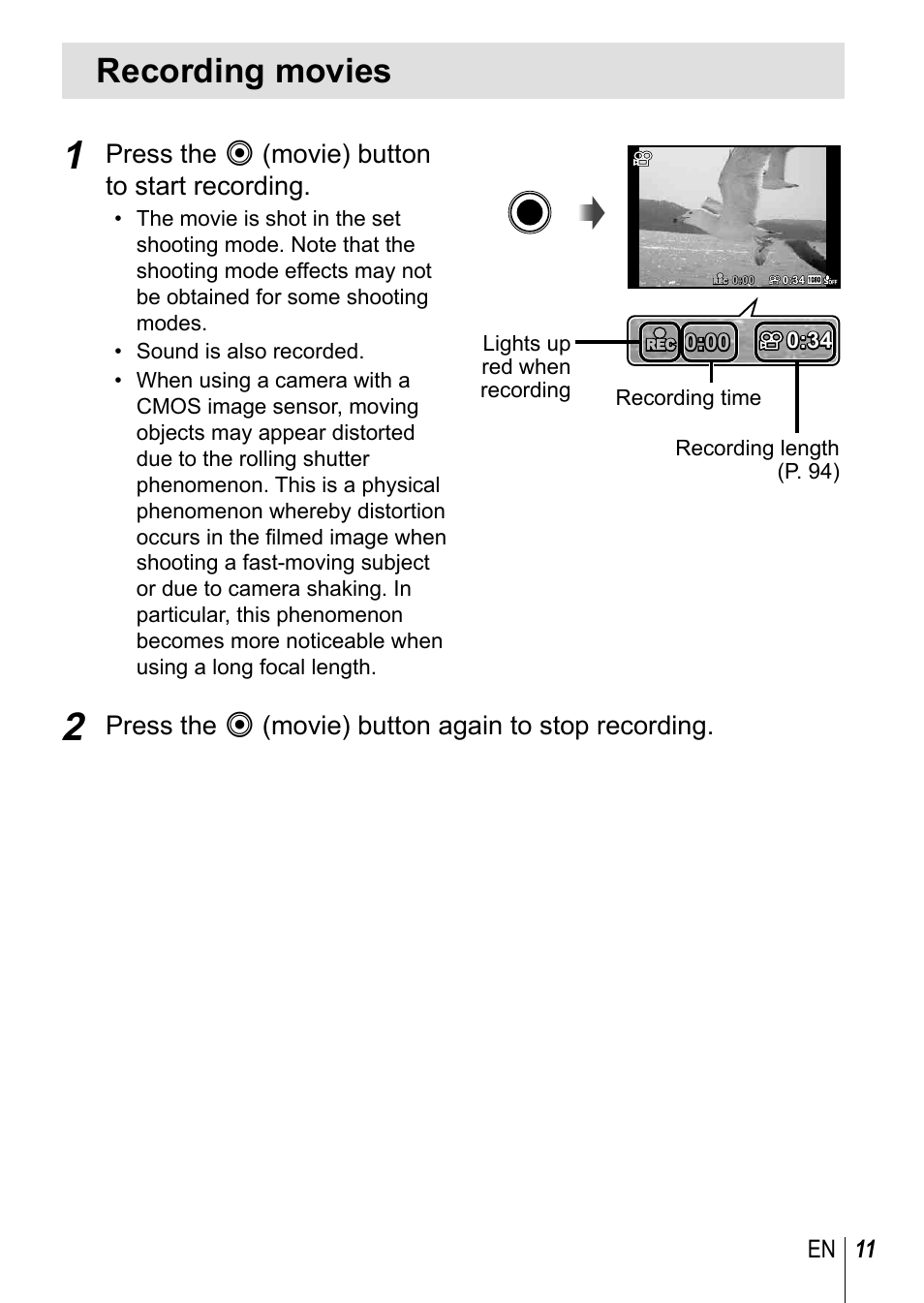 Recording movies, Press the r (movie) button to start recording, Press the r (movie) button again to stop recording | Olympus TG3 User Manual | Page 11 / 118