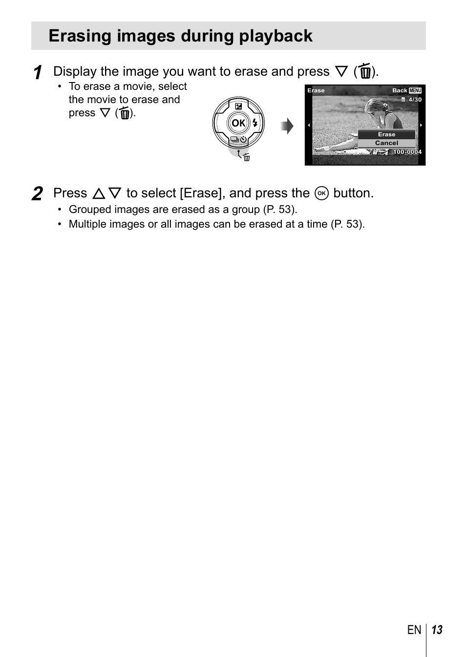 Erasing images during playback, Press fg to select [erase], and press the a button, 13 en | Olympus TG3 User Manual | Page 13 / 118