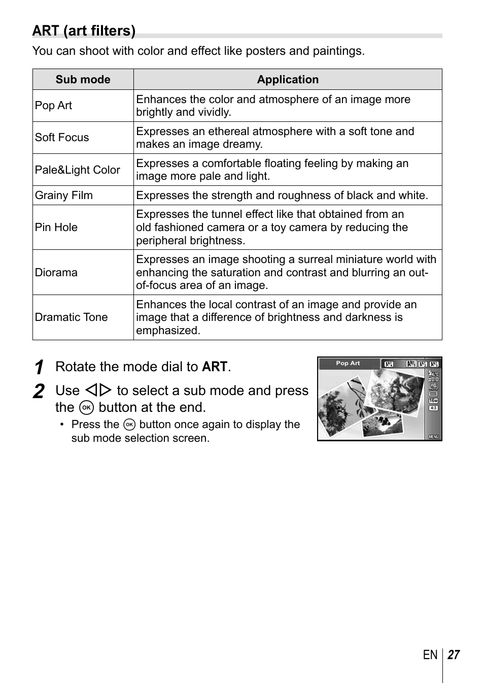 Art (art filters), Rotate the mode dial to art, 27 en | Olympus TG3 User Manual | Page 27 / 118