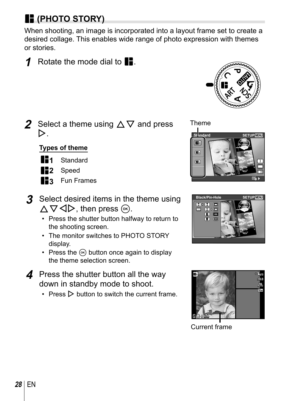 P (photo story), Rotate the mode dial to p, Select a theme using fg and press i | 28 en | Olympus TG3 User Manual | Page 28 / 118