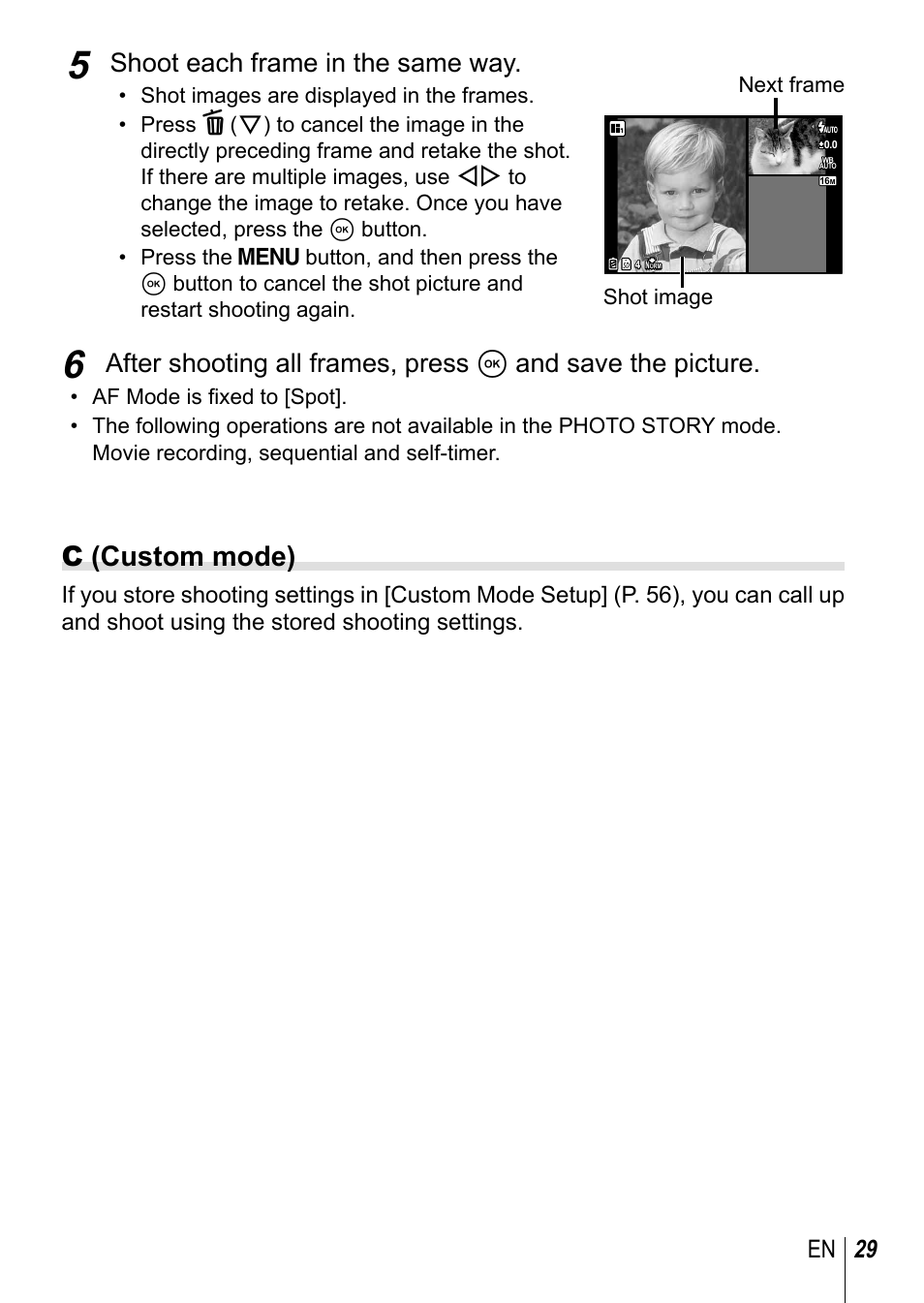 C (custom mode), Shoot each frame in the same way, 29 en | Olympus TG3 User Manual | Page 29 / 118