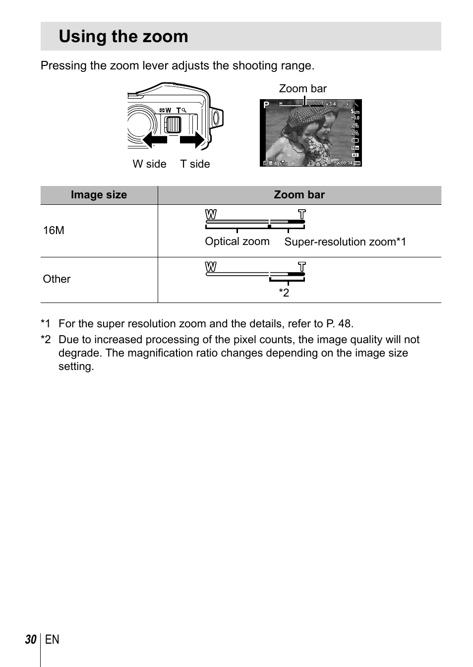 Using the zoom, 30 en, Pressing the zoom lever adjusts the shooting range | Olympus TG3 User Manual | Page 30 / 118