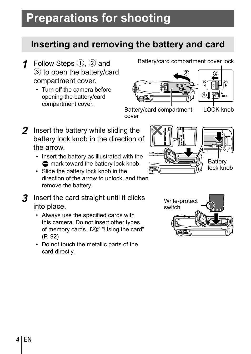 Preparations for shooting, Inserting and removing the battery and card | Olympus TG3 User Manual | Page 4 / 118