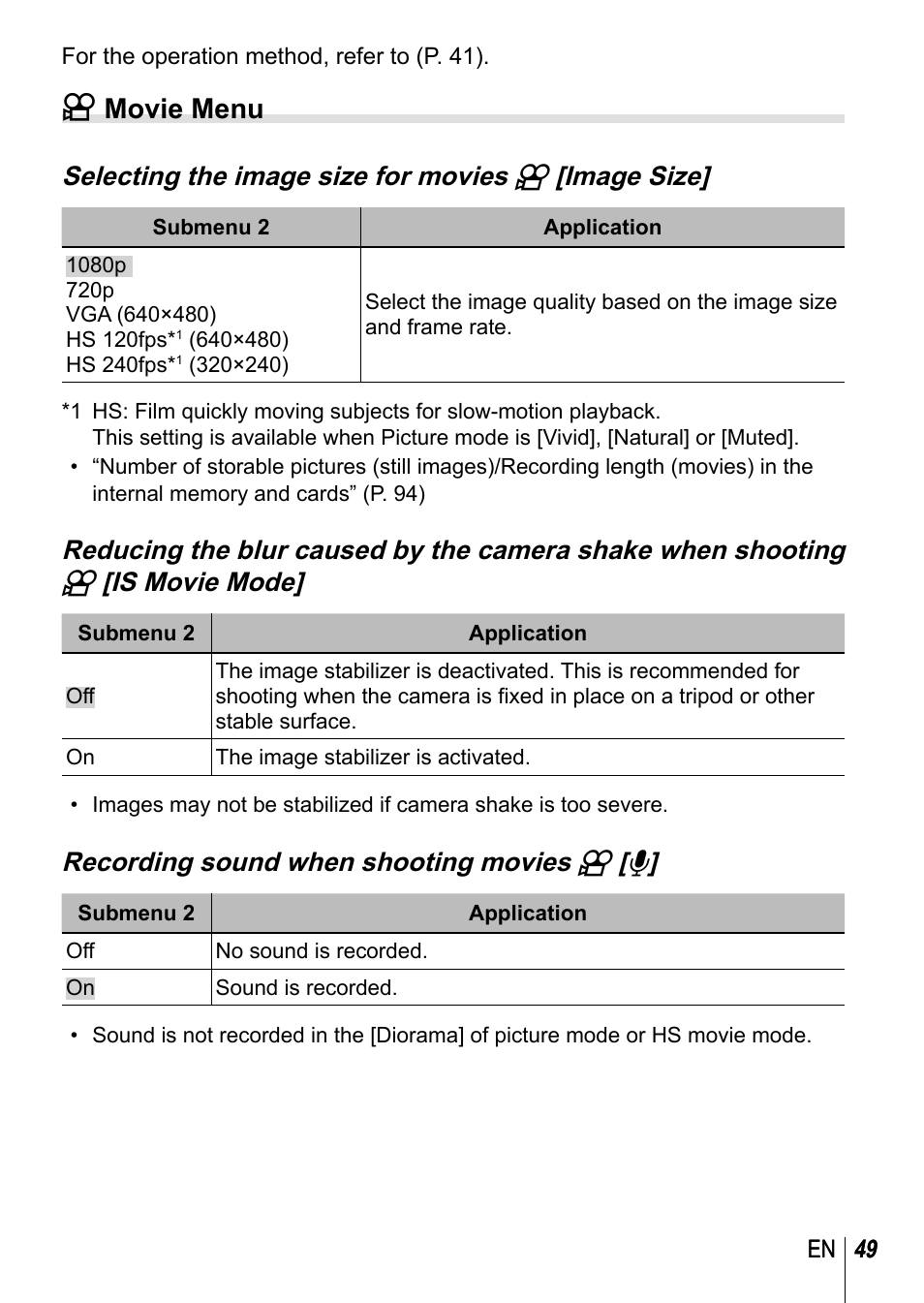A movie menu, Selecting the image size for movies a [image size, Recording sound when shooting movies a [ r | Olympus TG3 User Manual | Page 49 / 118