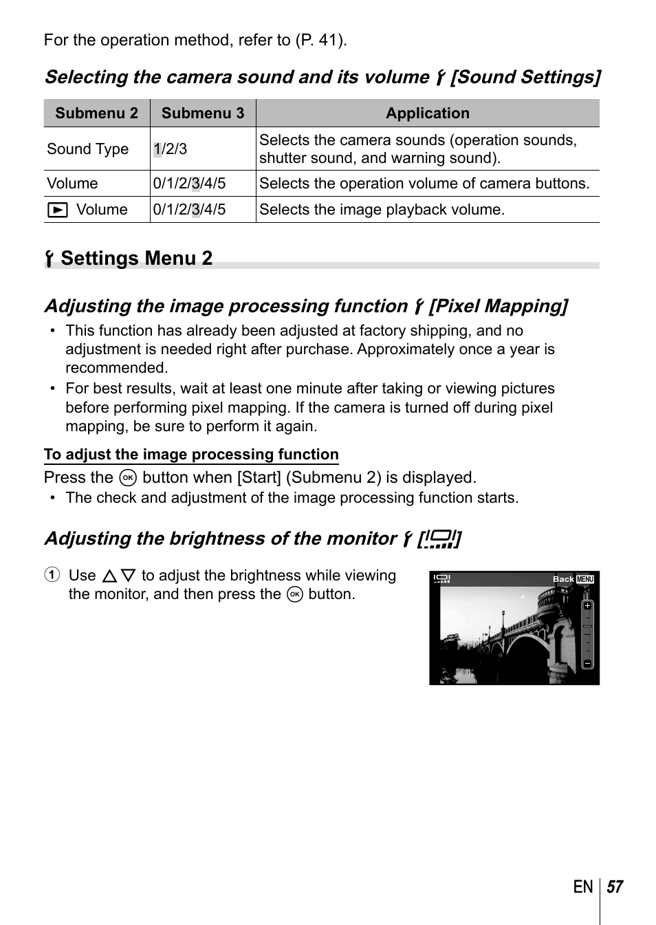 D settings menu 2, Adjusting the brightness of the monitor d [ s | Olympus TG3 User Manual | Page 57 / 118