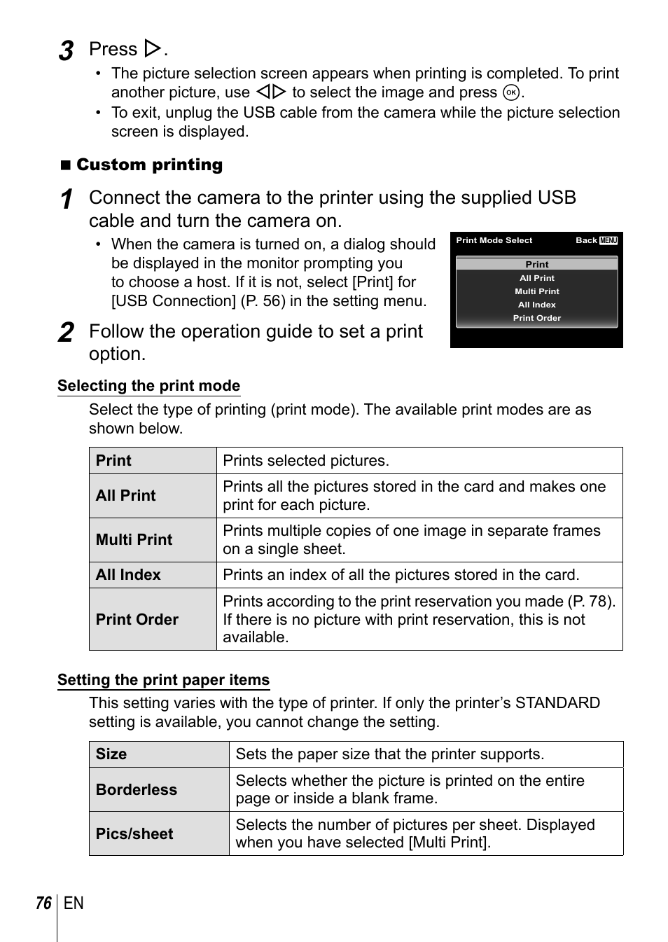 Press i, Follow the operation guide to set a print option | Olympus TG3 User Manual | Page 76 / 118