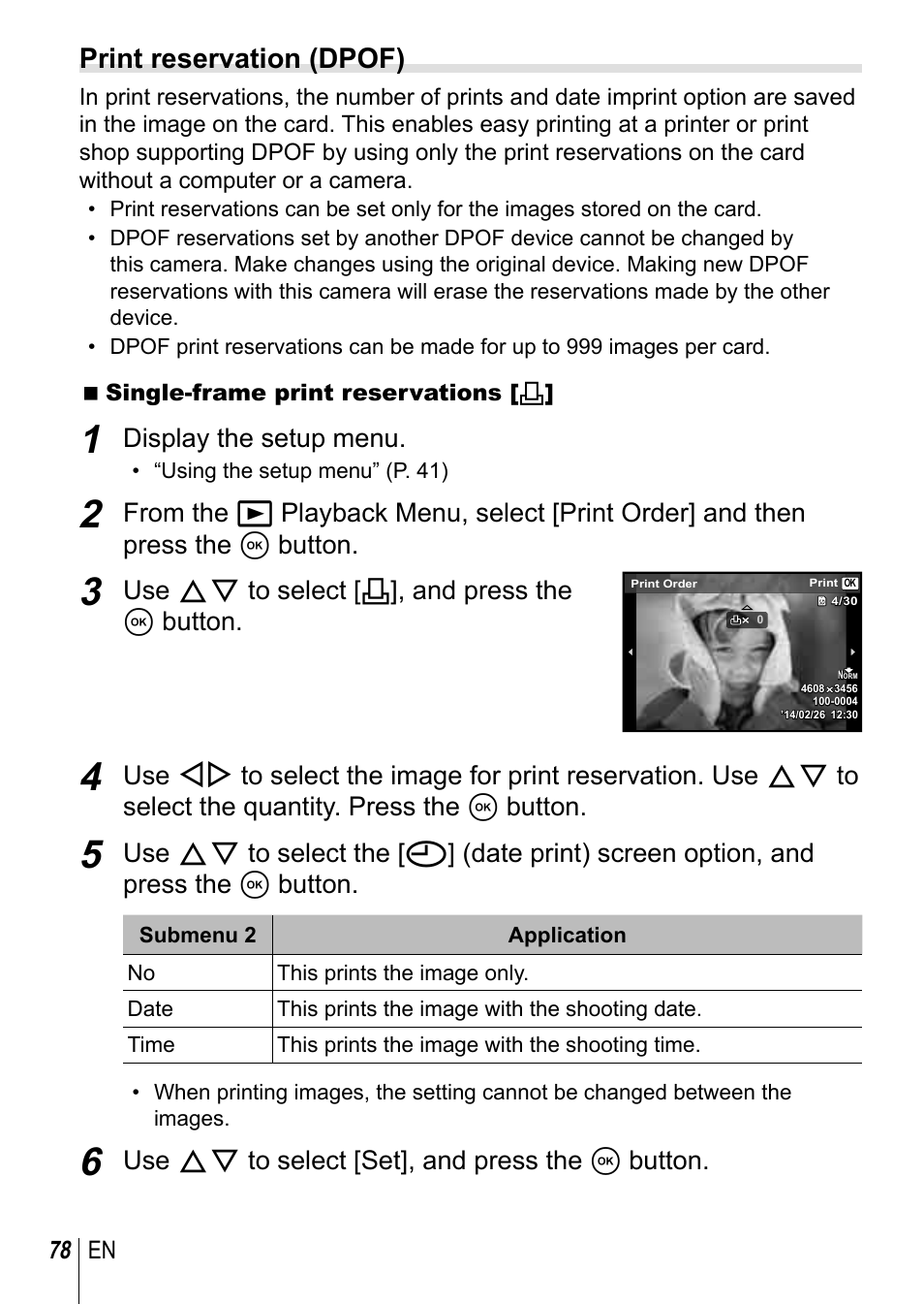 Print reservation (dpof), Display the setup menu, Use fg to select [ <], and press the a button | Use fg to select [set], and press the a button | Olympus TG3 User Manual | Page 78 / 118