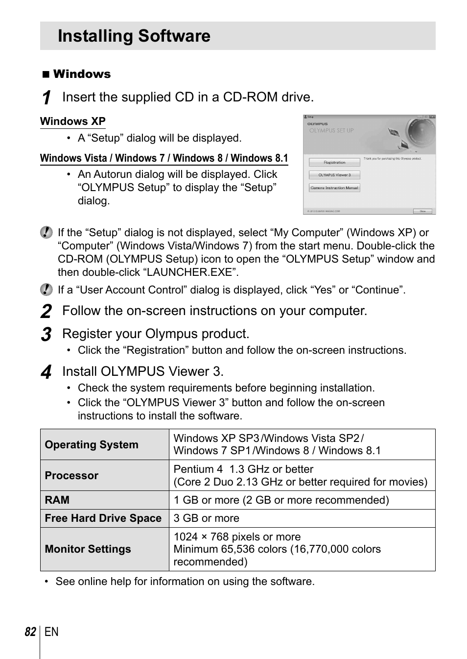 Installing software | Olympus TG3 User Manual | Page 82 / 118