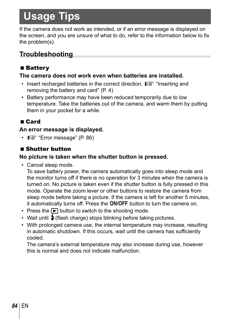 Usage tips, Troubleshooting | Olympus TG3 User Manual | Page 84 / 118