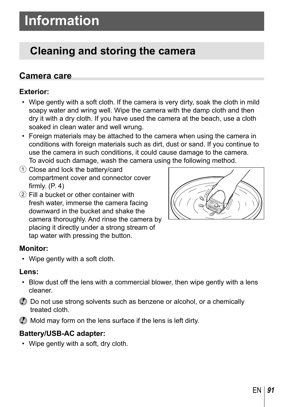 Information, Cleaning and storing the camera, Camera care | Olympus TG3 User Manual | Page 91 / 118