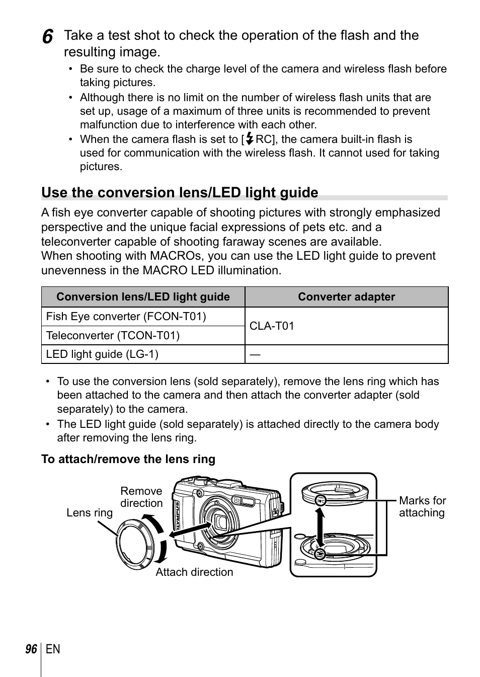 Use the conversion lens/led light guide | Olympus TG3 User Manual | Page 96 / 118