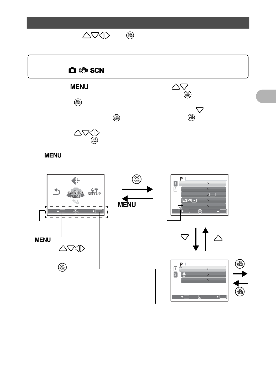 Using the menus, Men u o perat io ns 2, Select the shooting mode or playback mode | M button, Press 12 to select a setting, and press o | Olympus 720 SW User Manual | Page 15 / 83