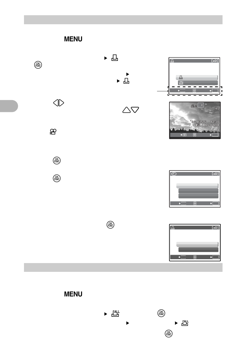 Single-frame reservation, All-frame reservation, Select [print order] [ < ], and press o | When you finish making print reservations, press o, Select [set], and press o, Select [print order] [ u ], and press o, Pri nt ing p ict ures 3 | Olympus 720 SW User Manual | Page 44 / 83