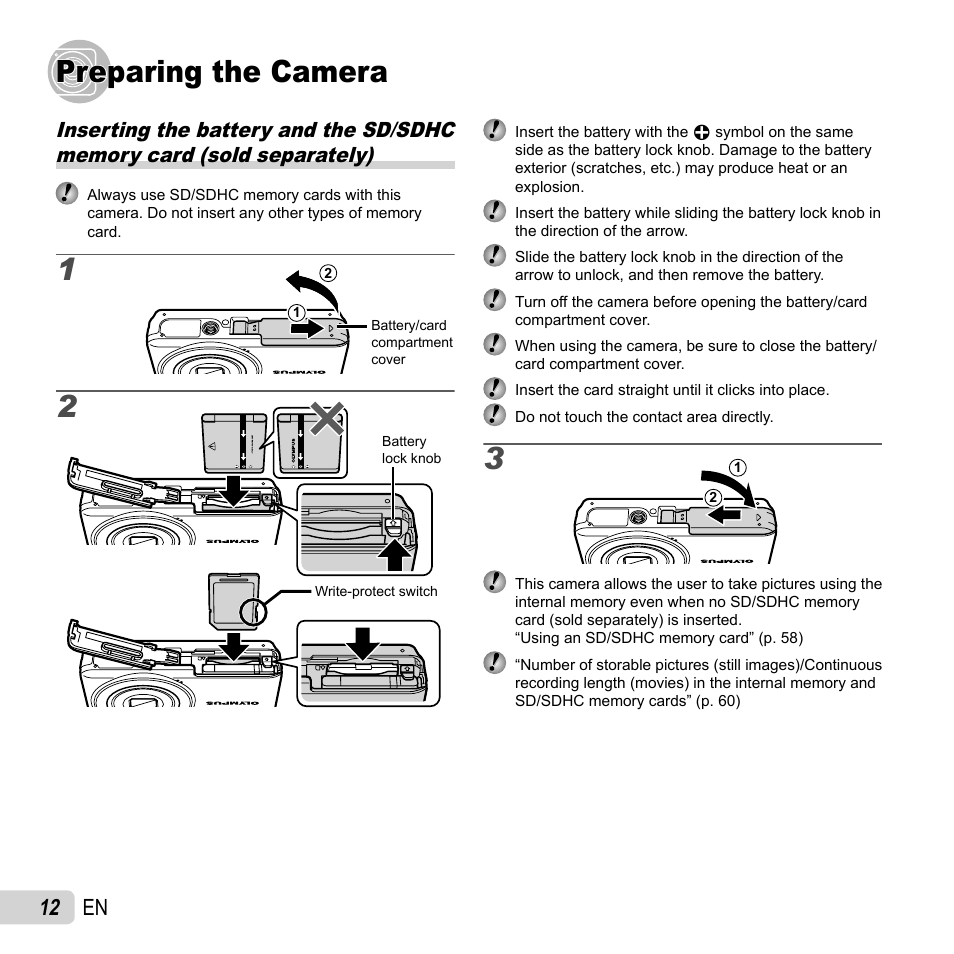 Preparing the camera, 12 en | Olympus VG-150 User Manual | Page 12 / 74