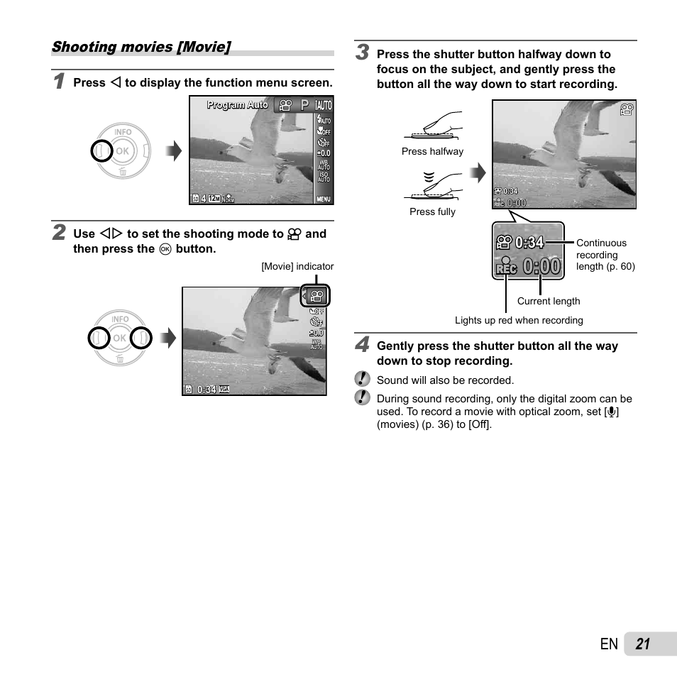 21 en, Shooting movies [movie | Olympus VG-150 User Manual | Page 21 / 74