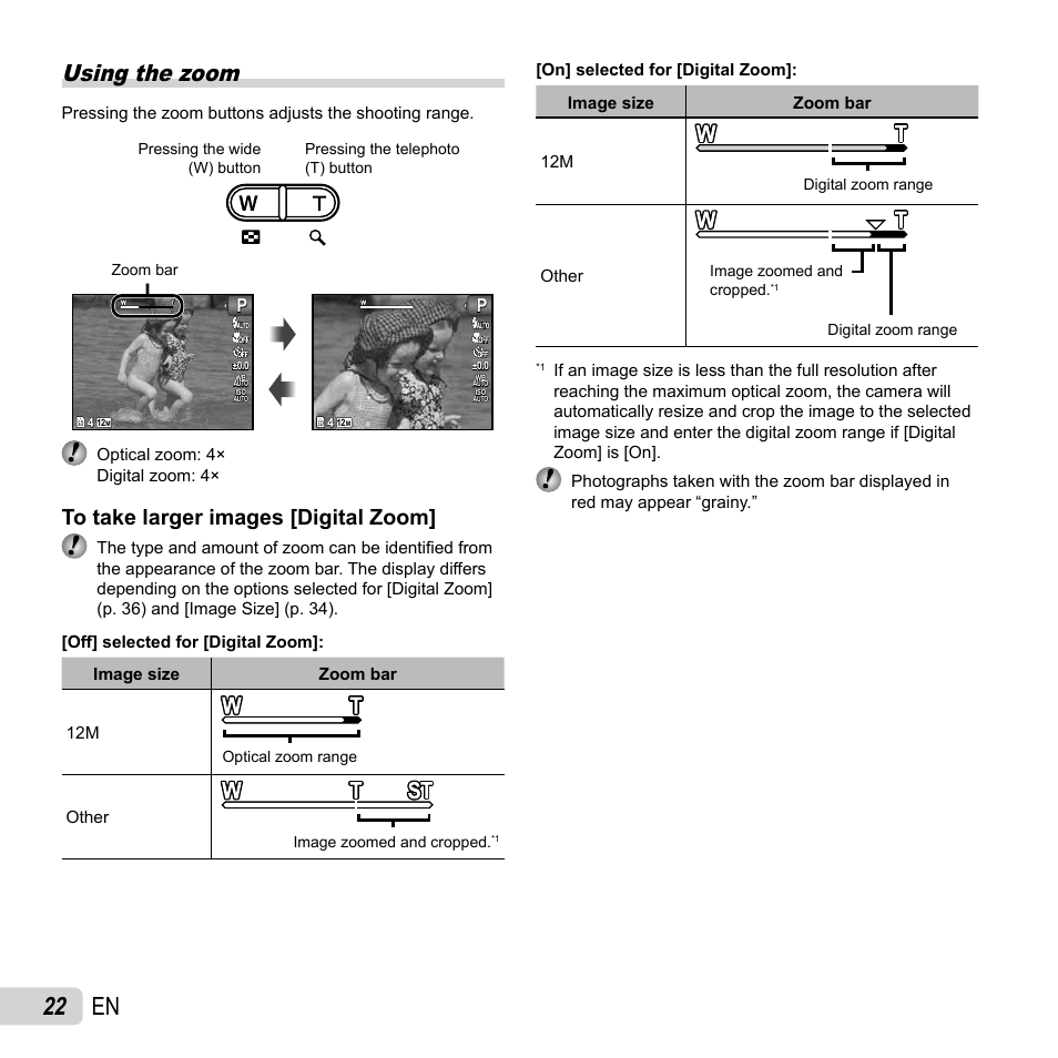 22 en, Using the zoom | Olympus VG-150 User Manual | Page 22 / 74