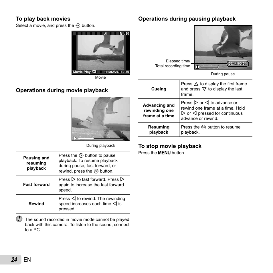 24 en, Operations during movie playback, Operations during pausing playback | Olympus VG-150 User Manual | Page 24 / 74