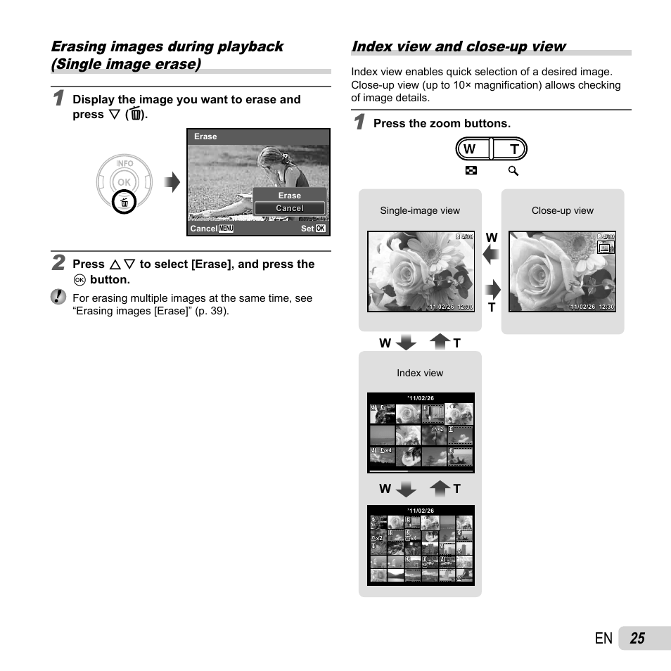 25 en, Index view and close-up view | Olympus VG-150 User Manual | Page 25 / 74