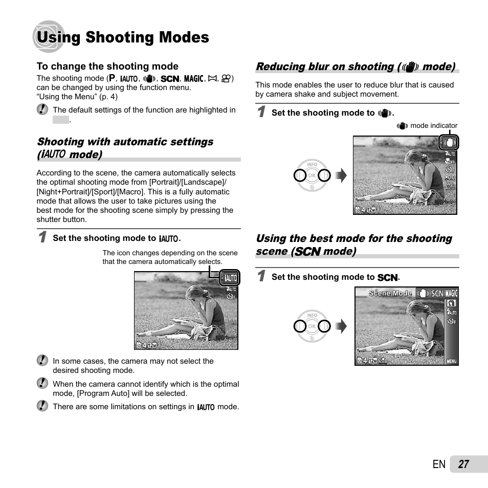 Using shooting modes, 27 en, Shooting with automatic settings ( m mode) | Reducing blur on shooting ( n mode) | Olympus VG-150 User Manual | Page 27 / 74