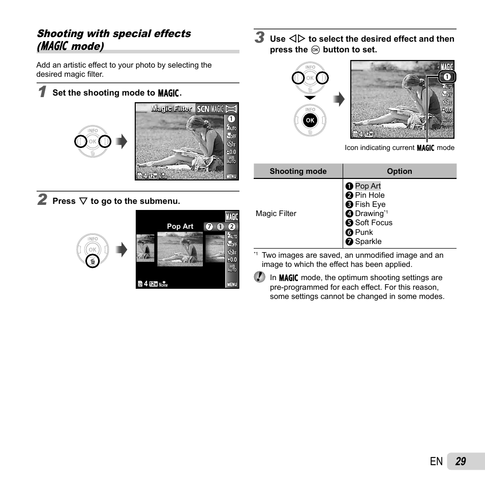 29 en, Shooting with special effects ( p mode) | Olympus VG-150 User Manual | Page 29 / 74