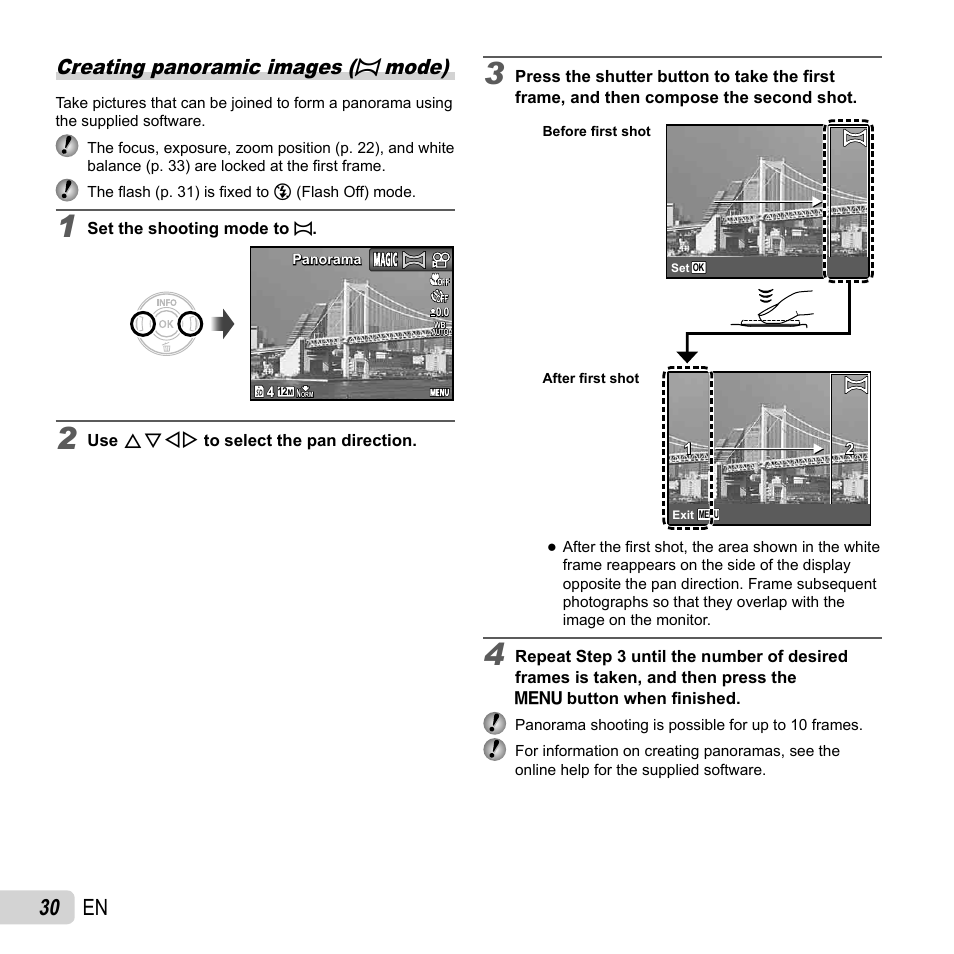 30 en, Creating panoramic images ( ~ mode) | Olympus VG-150 User Manual | Page 30 / 74