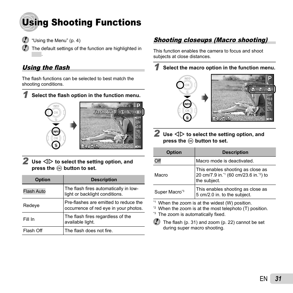 Using shooting functions, 31 en, Using the fl ash | Shooting closeups (macro shooting) | Olympus VG-150 User Manual | Page 31 / 74