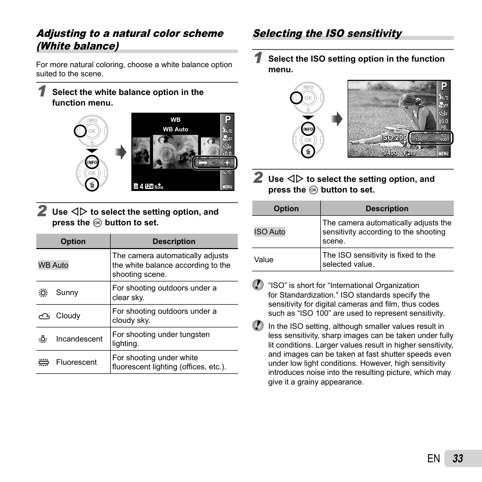 33 en, Selecting the iso sensitivity | Olympus VG-150 User Manual | Page 33 / 74