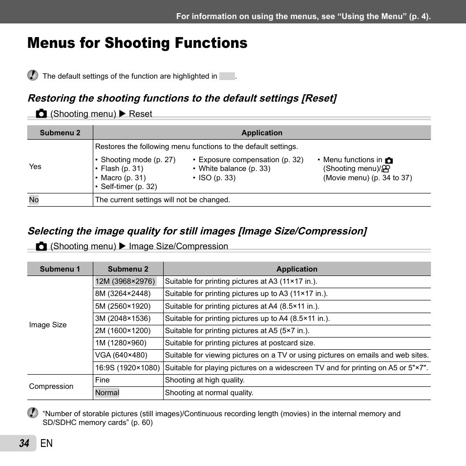 Menus for shooting functions, 34 en | Olympus VG-150 User Manual | Page 34 / 74