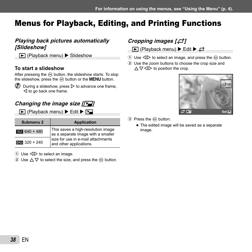 38 en, Changing the image size, Changing the image size [ q q | Cropping images, Cropping images [ p p | Olympus VG-150 User Manual | Page 38 / 74