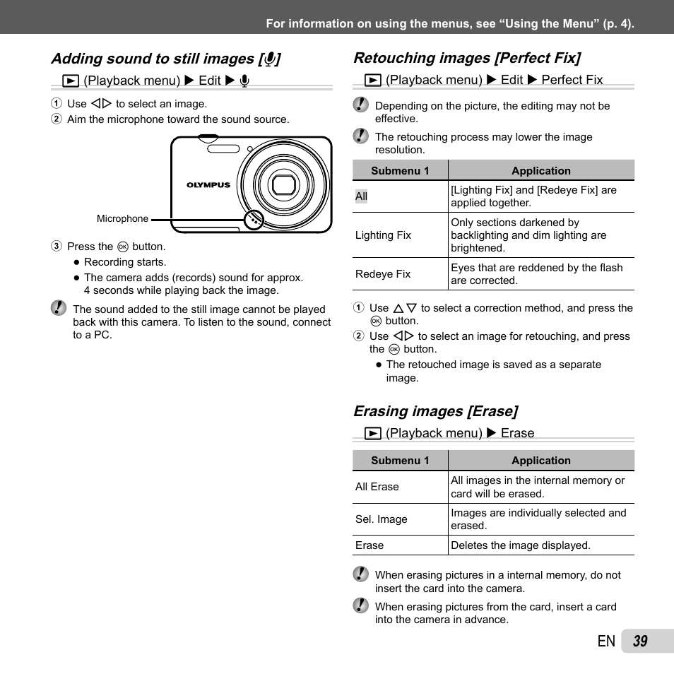 39 en, Retouching images [perfect fix, Erasing images [erase | Olympus VG-150 User Manual | Page 39 / 74
