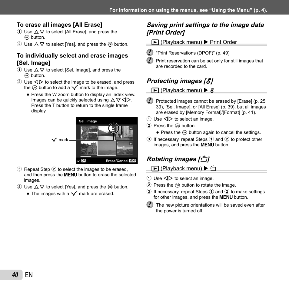40 en, Protecting images [ protecting images, Rotating images [ rotating images [ y y | Olympus VG-150 User Manual | Page 40 / 74
