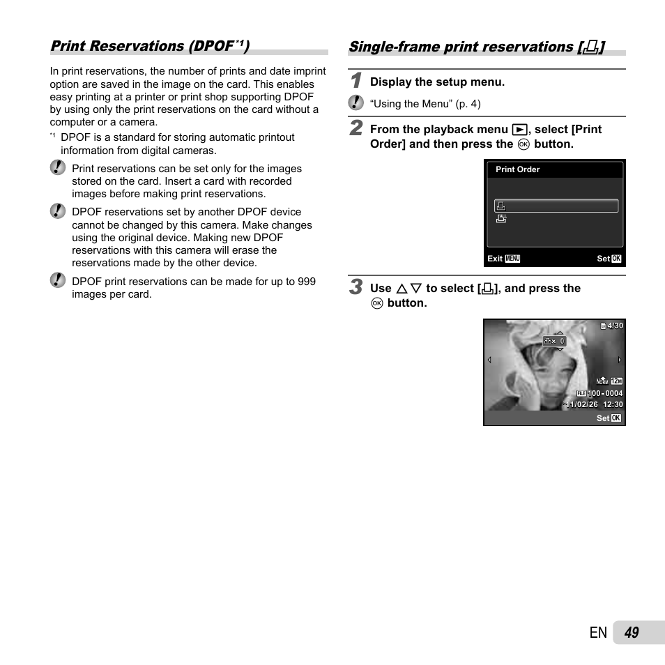 49 en, Print reservations (dpof, Single-frame print reservations | Olympus VG-150 User Manual | Page 49 / 74