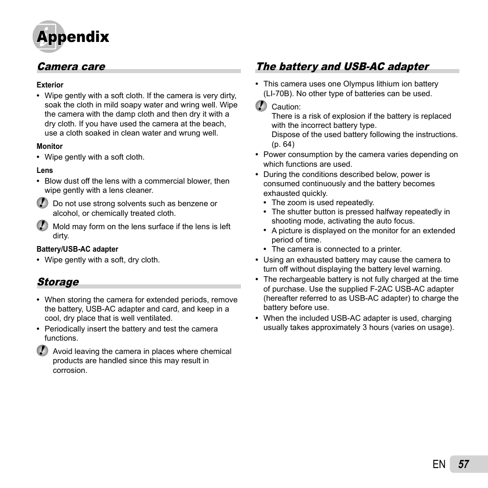 Appendix, 57 en, Camera care | Storage, The battery and usb-ac adapter | Olympus VG-150 User Manual | Page 57 / 74