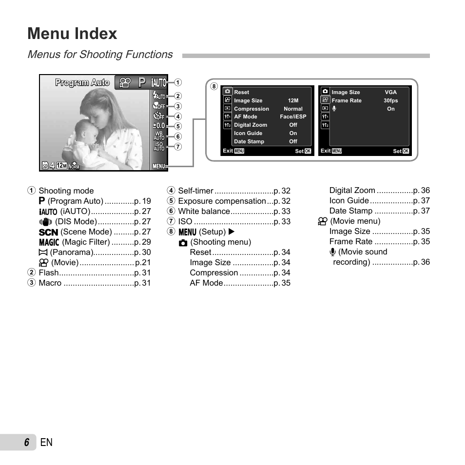 Menu index, Menus for shooting functions, 6 en | Program auto | Olympus VG-150 User Manual | Page 6 / 74