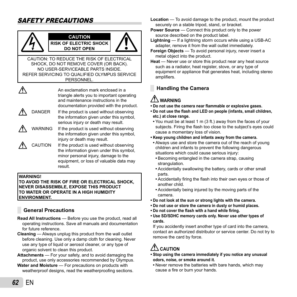 62 en, Safety precautions | Olympus VG-150 User Manual | Page 62 / 74