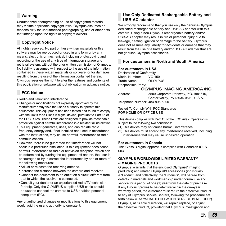 65 en | Olympus VG-150 User Manual | Page 65 / 74