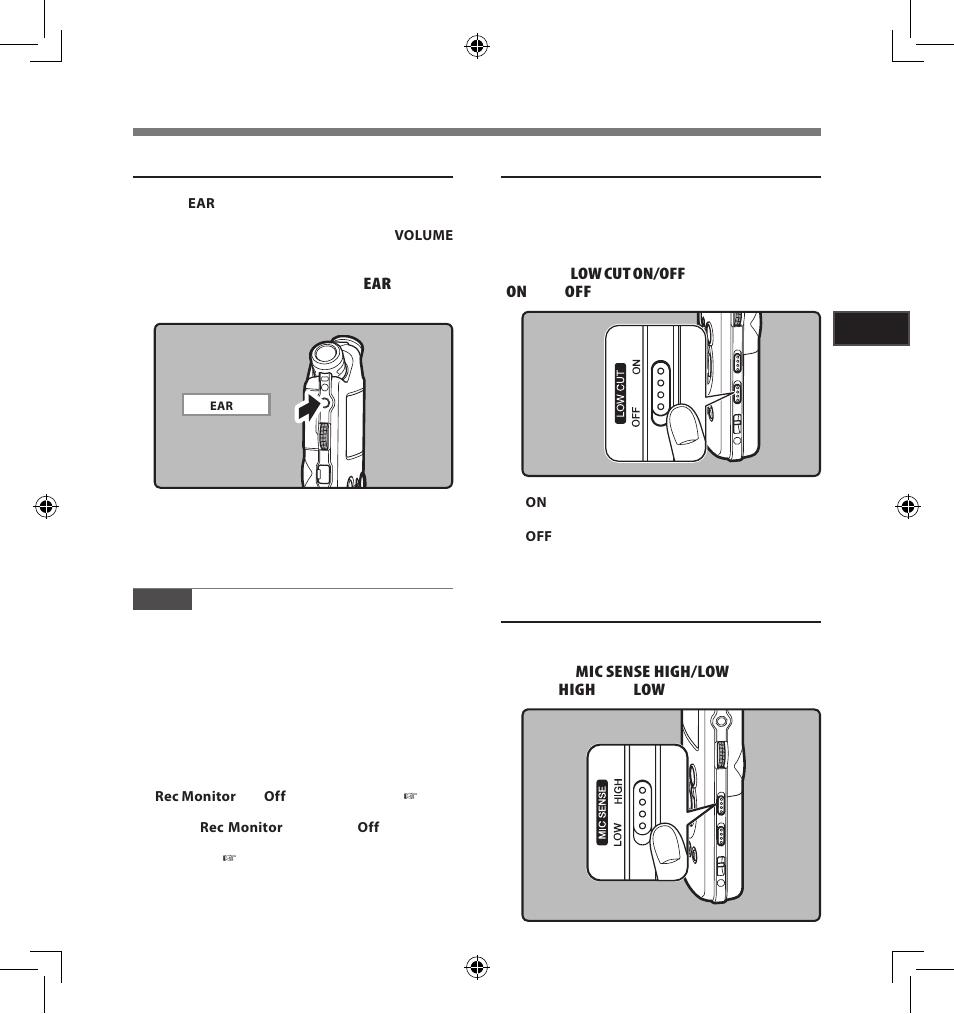 Set the low cut filter, Listening while audio is recorded, Microphone sensitivity | Recording | Olympus LS-5 User Manual | Page 27 / 88