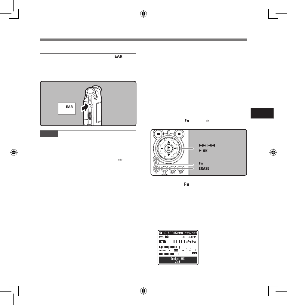 Playback through earphone, Setting an index mark or a temp mark, Playback | Olympus LS-5 User Manual | Page 35 / 88