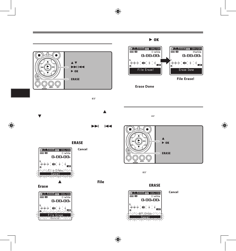 Erasing, Erasing one file at a time, Erase all files from a folder | Olympus LS-5 User Manual | Page 38 / 88
