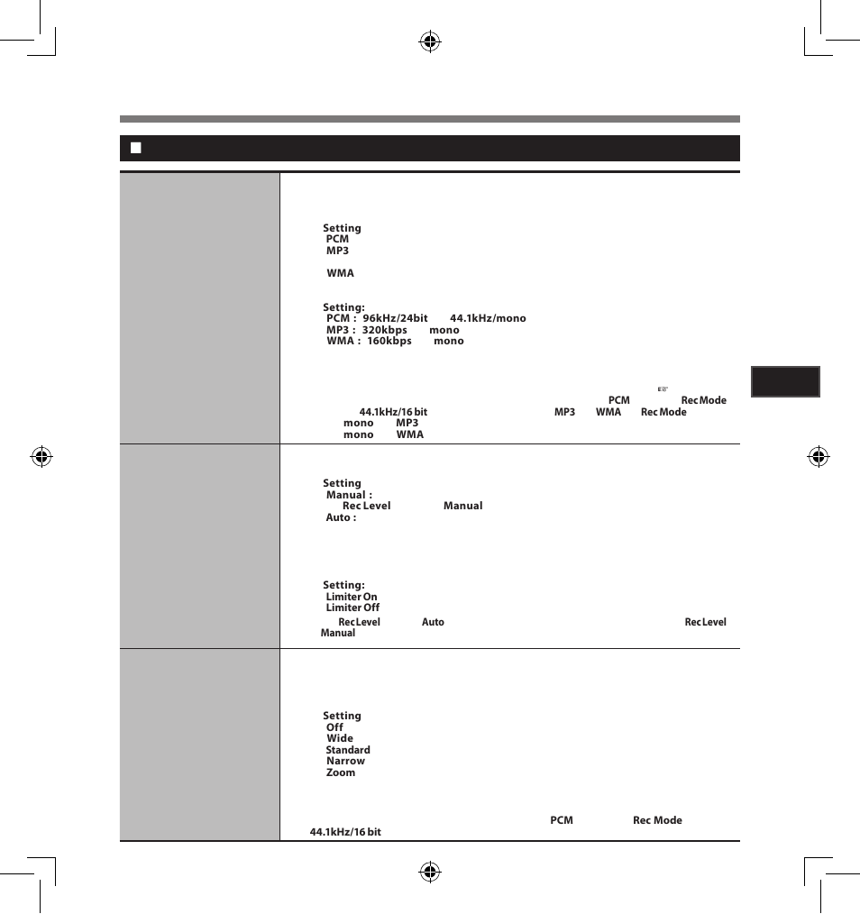 Menu setting method, Rec mode, Rec level | Zoom mic | Olympus LS-5 User Manual | Page 43 / 88