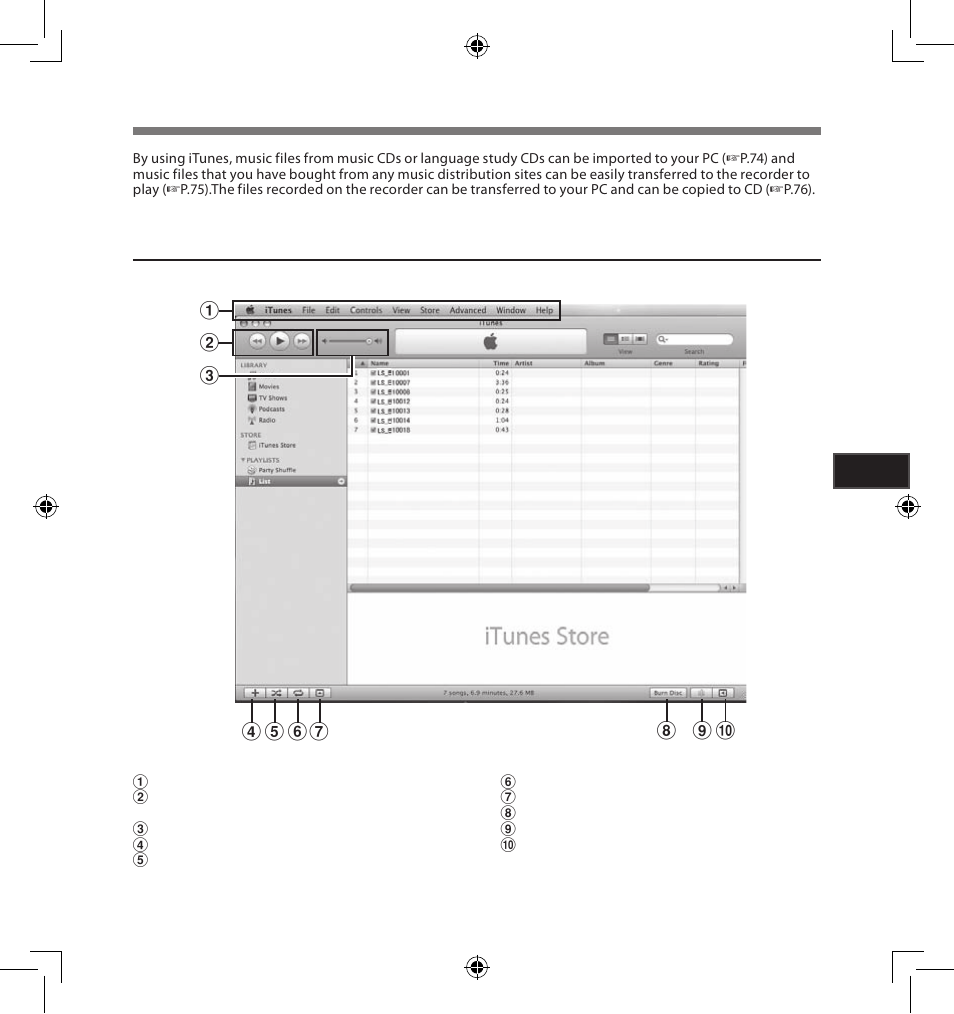 Using itunes, Window names | Olympus LS-5 User Manual | Page 73 / 88