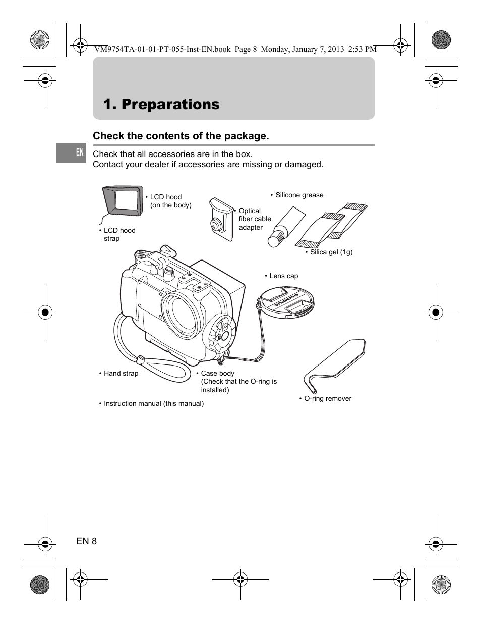 Preparations, Check the contents of the package | Olympus PT055 User Manual | Page 8 / 29