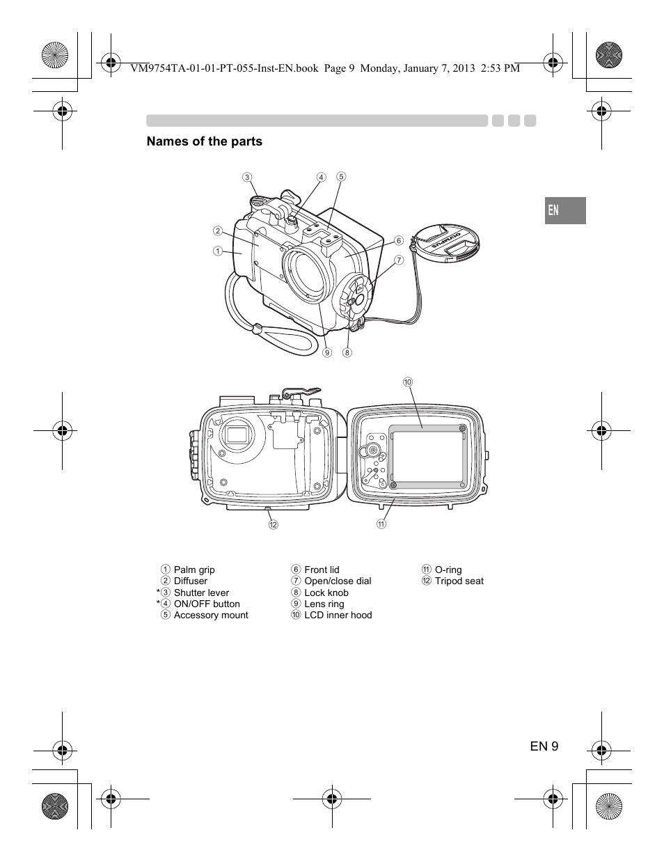 En 9, Names of the parts | Olympus PT055 User Manual | Page 9 / 29