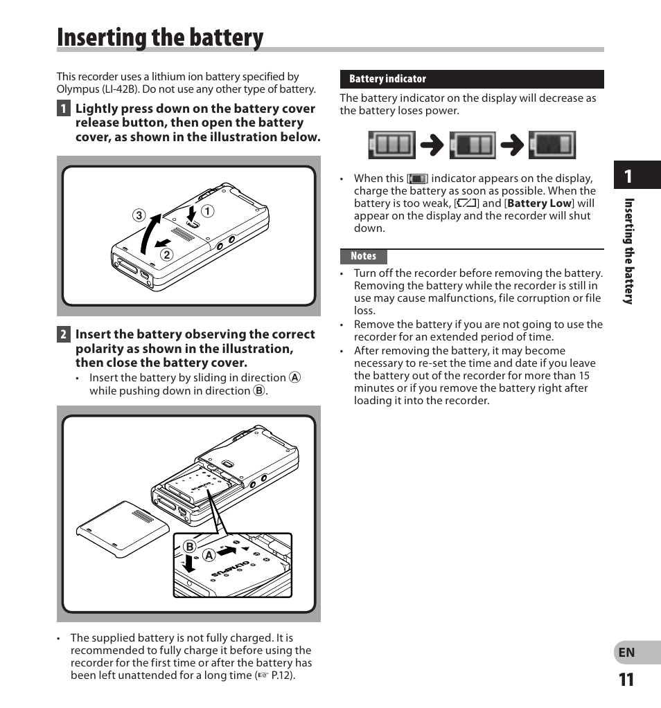 Inserting the battery | Olympus DS-3500 User Manual | Page 11 / 56