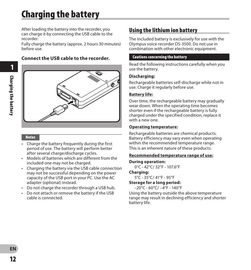 Charging the battery, Using the lithium ion battery | Olympus DS-3500 User Manual | Page 12 / 56