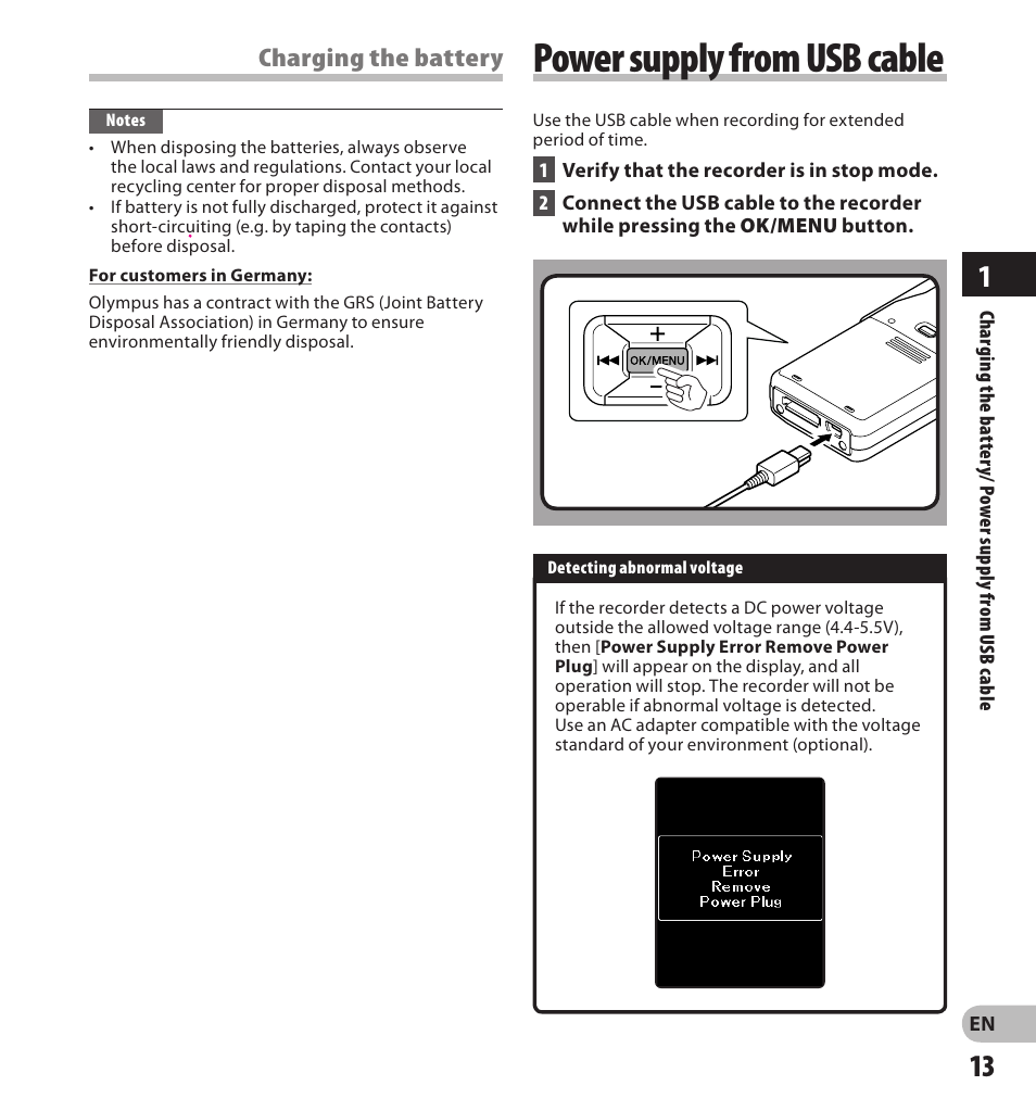 Power supply from usb cable, Charging the battery | Olympus DS-3500 User Manual | Page 13 / 56