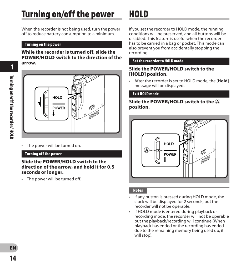 Hold, Turning on/off the power | Olympus DS-3500 User Manual | Page 14 / 56