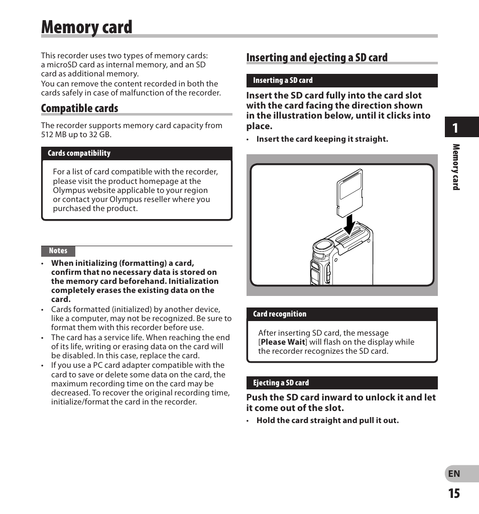 Compatible cards, Inserting and ejecting a sd card | Olympus DS-3500 User Manual | Page 15 / 56