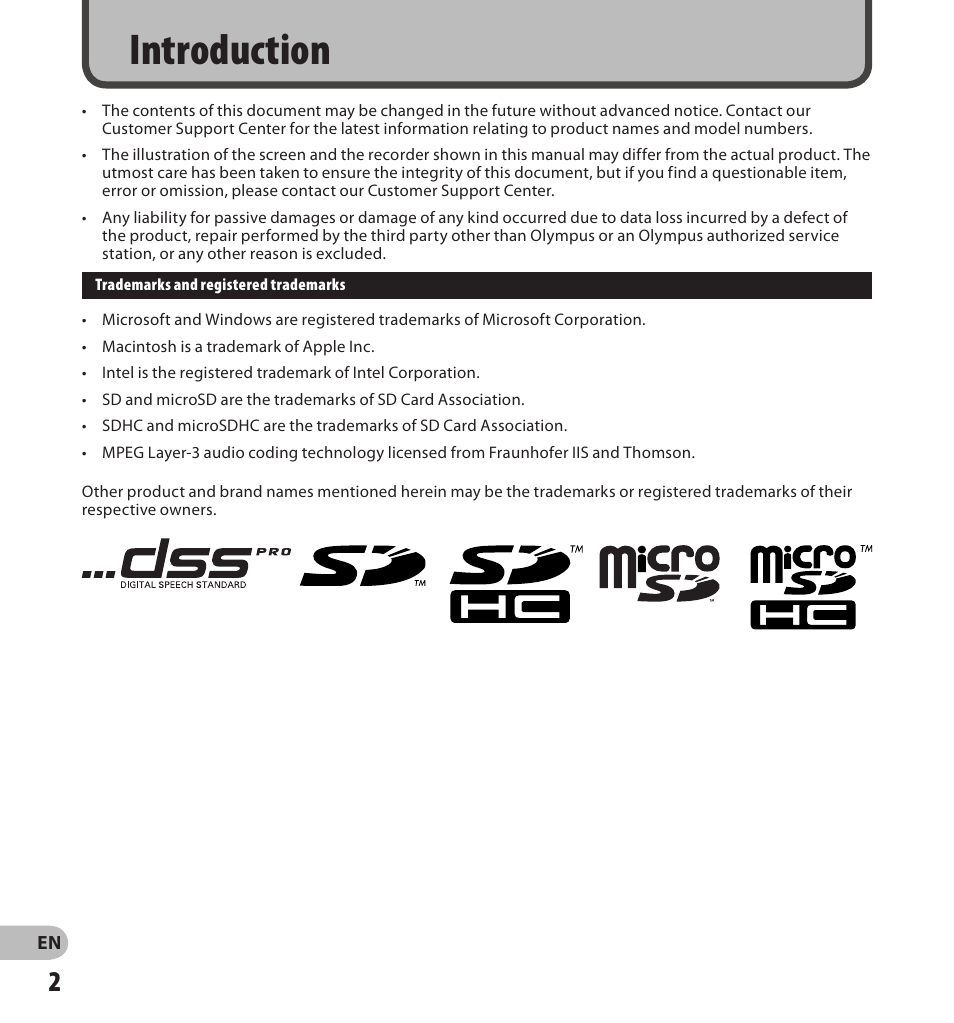 Introduction | Olympus DS-3500 User Manual | Page 2 / 56