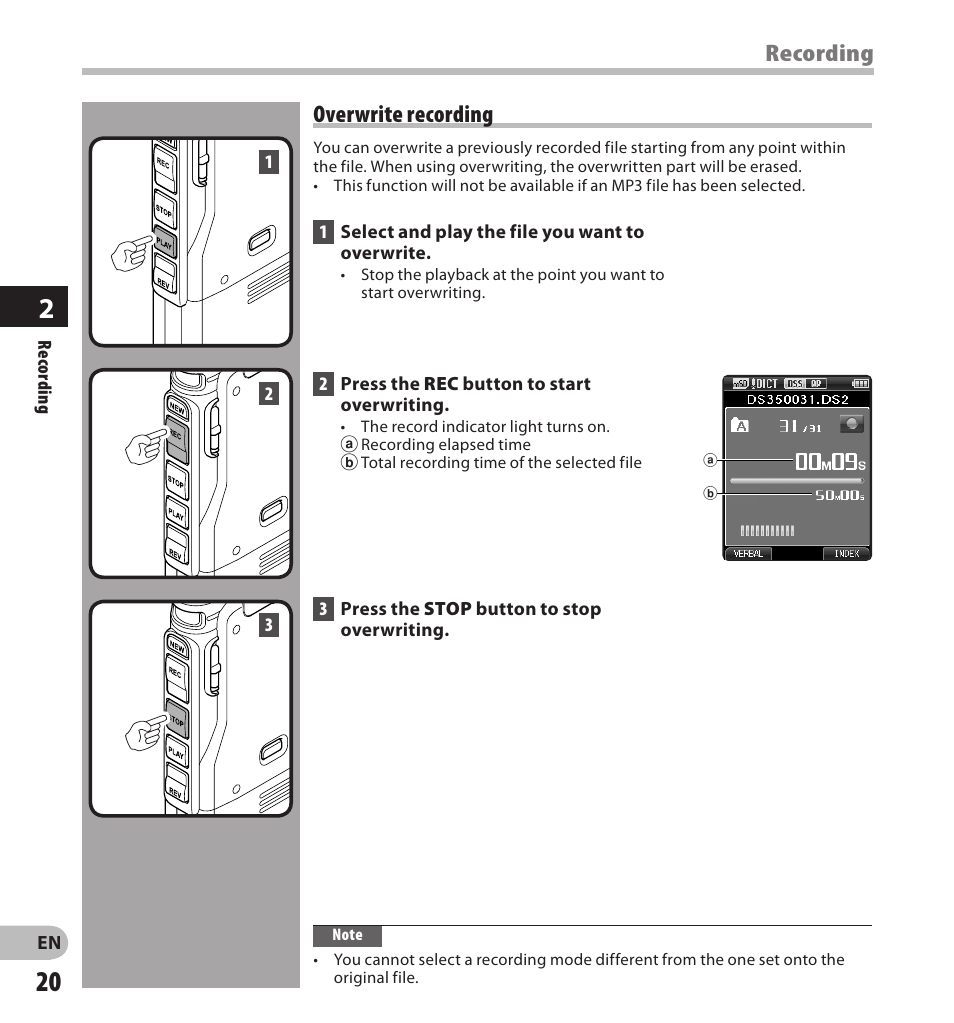 Recording, Overwrite recording | Olympus DS-3500 User Manual | Page 20 / 56